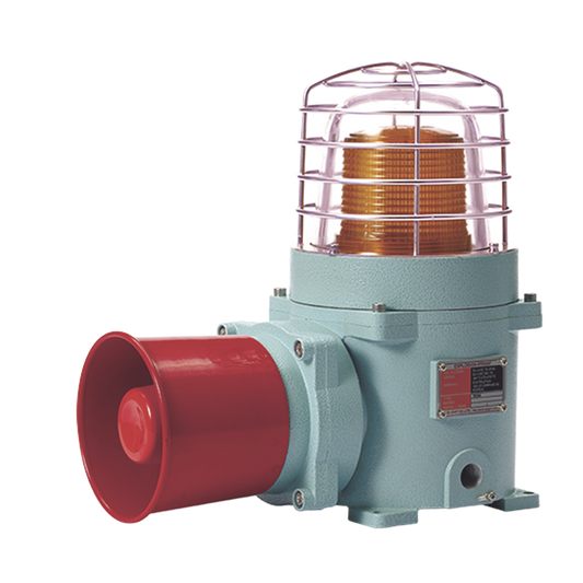 Combinación de baliza LED color Ámbar con patrón fijo y flasheante con sirena electrónica, máx. 118 dB para zonas peligrosas a 120 VCA