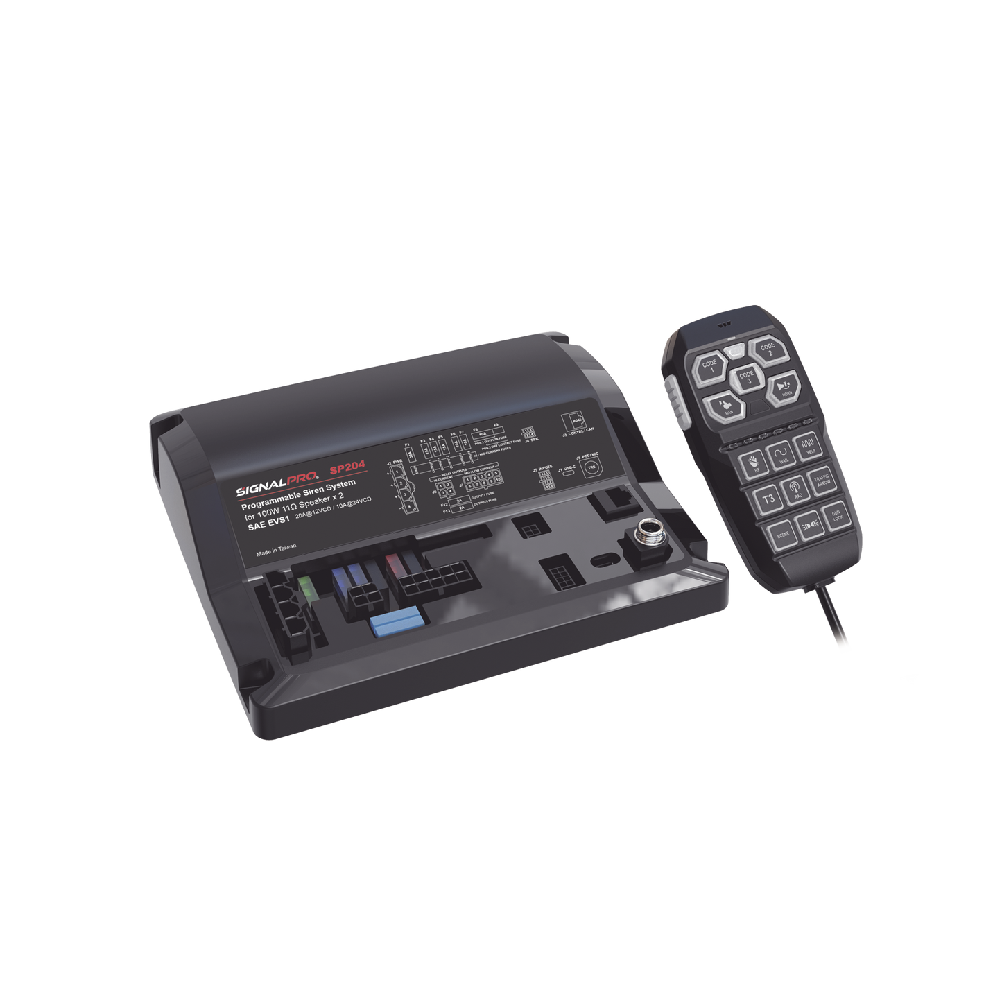 Sirena Vehicular de 200W de Potencia, Con Controlador Unimando de 15 Botones Para Control de Tonos, 12 Salidas Auxiliares y Micrófono
