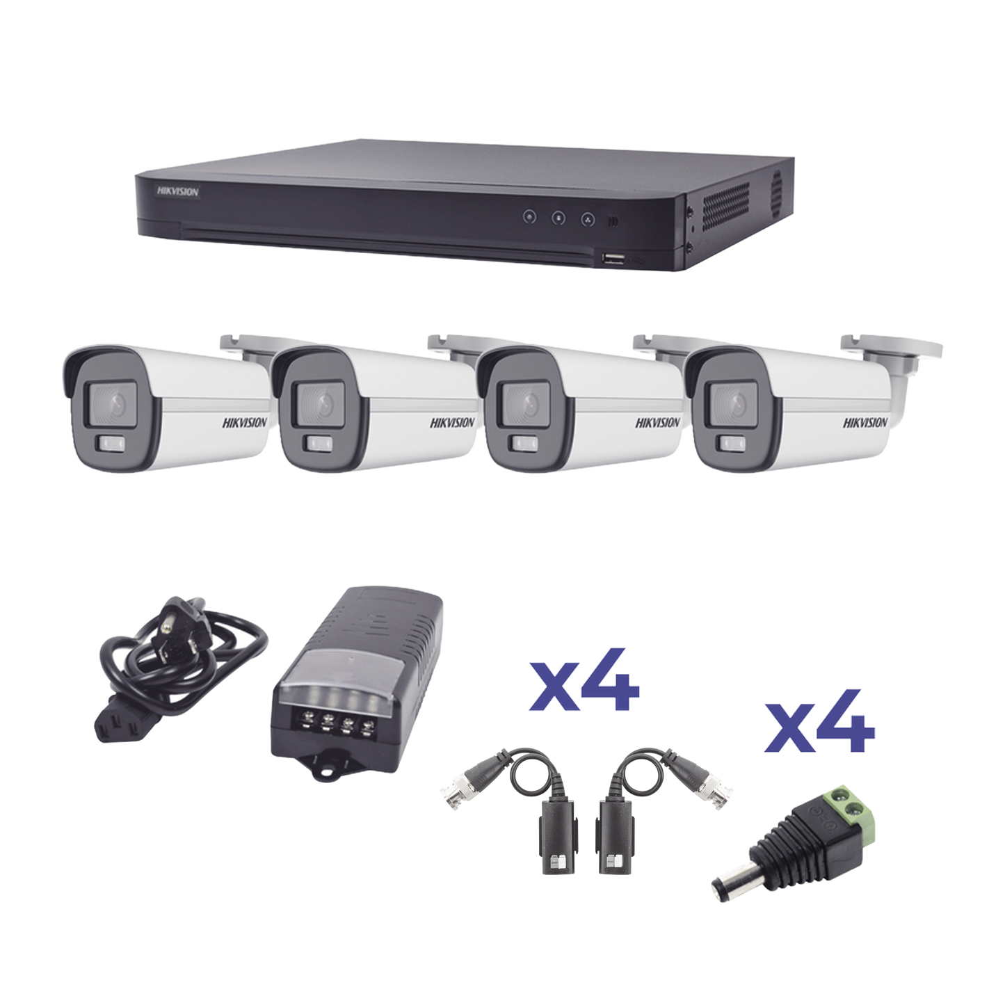 KIT COLORVU TURBOHD 1080p / DVR 4 Canales / 4 Cámaras Bala (exterior) lente 2.8mm / Fuente de poder profesional / Transceptores de video y Accesorios de corriente