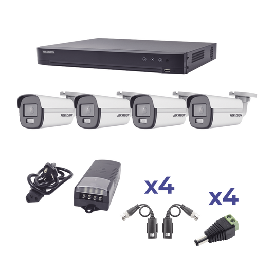 KIT COLORVU TURBOHD 1080p / DVR 4 Canales / 4 Cámaras Bala (exterior) lente 2.8mm / Fuente de poder profesional / Transceptores de video y Accesorios de corriente